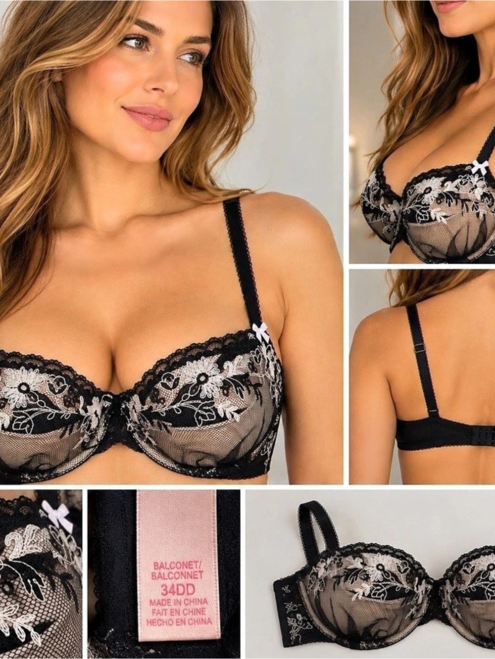 Victoria's Secret Dream Angels Floral Embroidered Balconet Bra Black & Pink 34DD